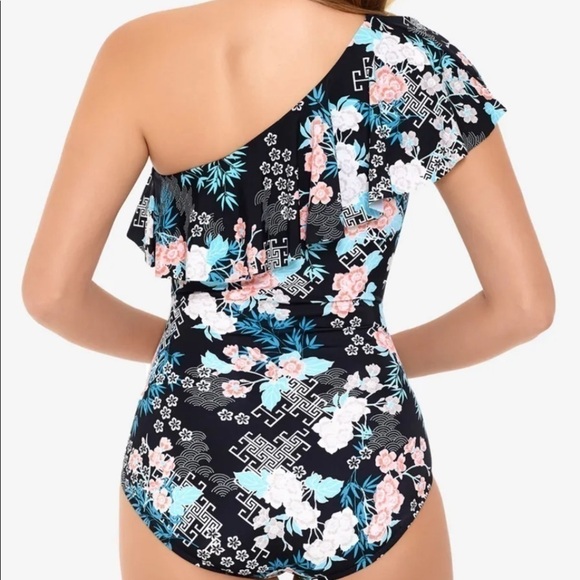 SWIM SOLUTIONS Women's Black Ruffled One Shoulder One Piece Swimsuit - Picture 2 of 7